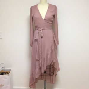 Wayf S dusty pink wrap asymmetrical midi dress